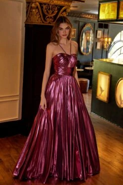 Juliet JT2503A Long Halter A-Line Pleated Metallic Gown(Juliet Jt2503a Long Halter A Line Pleated Metallic Gown) -Dress Promotion Store 2503ABERRY0106