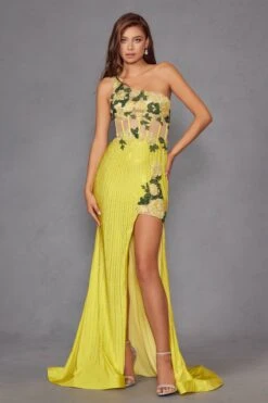 Juliet JT2514R One Shoulder Fitted Floral Applique Evening Gown(Juliet Jt2514r One Shoulder Fitted Floral Applique Evening Gown) -Dress Promotion Store 2514RYELLOW 1