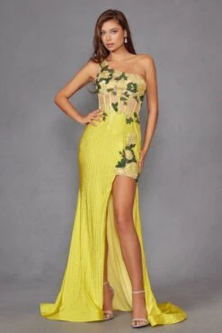 Juliet JT2514R One Shoulder Fitted Floral Applique Evening Gown(Juliet Jt2514r One Shoulder Fitted Floral Applique Evening Gown) -Dress Promotion Store 2514RYELLOW 2