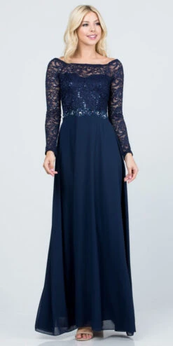 La Scala 25418 Long Sleeved Lace Bodice A-Line Long Dress(Long Sleeved Lace Bodice A Line Long Formal Dress Black) -Dress Promotion Store 25418 la scala navy blue