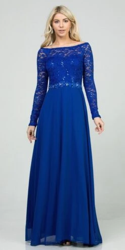 La Scala 25418 Long Sleeved Lace Bodice A-Line Long Dress(Long Sleeved Lace Bodice A Line Long Formal Dress Black) -Dress Promotion Store 25418 la scala royal blue