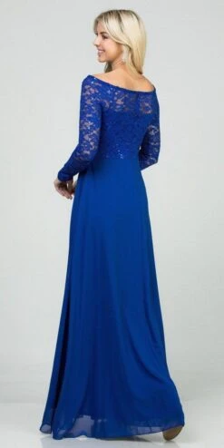 La Scala 25418 Long Sleeved Lace Bodice A-Line Long Dress(Long Sleeved Lace Bodice A Line Long Formal Dress Black) -Dress Promotion Store 25418 la scala royal blue back