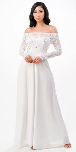 La Scala 25418 Long Sleeved Lace Bodice A-Line Long Dress(Long Sleeved Lace Bodice A Line Long Formal Dress Black) -Dress Promotion Store 25418 off white