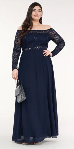 La Scala 25418 Plus Size Long Sleeved Lace Bodice A-Line Long Dress(La Scala 25418 Plus Size Long Sleeved Lace Bodice A Line Long Formal Dress)