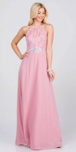 La Scala 25485 Halter Long A-Line Dress Keyhole Neckline(La Scala 25485 Halter Long A Line Formal Dress With Keyhole Neckline) -Dress Promotion Store 25485 la scala blush
