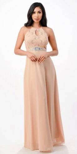 La Scala 25485 Halter Long A-Line Dress Keyhole Neckline(La Scala 25485 Halter Long A Line Formal Dress With Keyhole Neckline) -Dress Promotion Store 25485 la scala gold