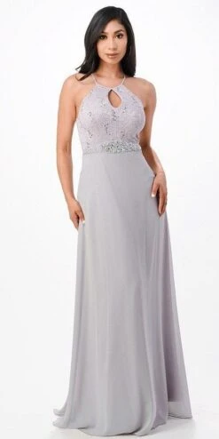 La Scala 25485 Halter Long A-Line Dress Keyhole Neckline(La Scala 25485 Halter Long A Line Formal Dress With Keyhole Neckline) -Dress Promotion Store 25485 la scala silver