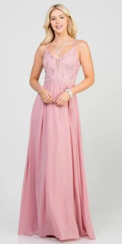 La Scala 25547 Long A-Line Chiffon Lace Dress Spaghetti Straps(La Scala 25547 Long Formal Dress With Double Spaghetti Straps) -Dress Promotion Store 25547 la scala blush