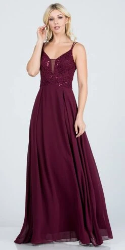 La Scala 25547 Long A-Line Chiffon Lace Dress Spaghetti Straps(La Scala 25547 Long Formal Dress With Double Spaghetti Straps) -Dress Promotion Store 25547 la scala dark burgundy