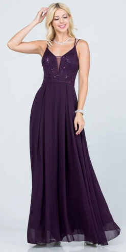 La Scala 25547 Long A-Line Chiffon Lace Dress Spaghetti Straps(La Scala 25547 Long Formal Dress With Double Spaghetti Straps) -Dress Promotion Store 25547 la scala eggplant