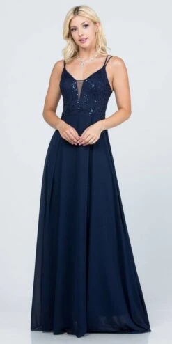 La Scala 25547 Long A-Line Chiffon Lace Dress Spaghetti Straps(La Scala 25547 Long Formal Dress With Double Spaghetti Straps) -Dress Promotion Store 25547 la scala navy blue