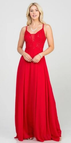 La Scala 25547 Long A-Line Chiffon Lace Dress Spaghetti Straps(La Scala 25547 Long Formal Dress With Double Spaghetti Straps) -Dress Promotion Store 25547 la scala red