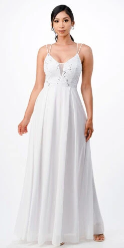 La Scala 25547 Long A-Line Chiffon Lace Dress Spaghetti Straps(La Scala 25547 Long Formal Dress With Double Spaghetti Straps) -Dress Promotion Store 25547 white