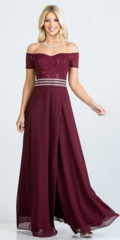 La Scala 25555 Off-Shoulder Long A-Line Dress With Slit(La Scala 25555 Off Shoulder Long Formal Dress With Slit) -Dress Promotion Store 25555 la scala burgundy 5a38f02d 1828 42b7 870a 03c63c6b4522