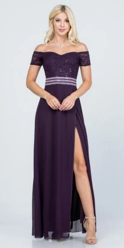 La Scala 25555 Off-Shoulder Long A-Line Dress With Slit(La Scala 25555 Off Shoulder Long Formal Dress With Slit) -Dress Promotion Store 25555 la scala eggplant