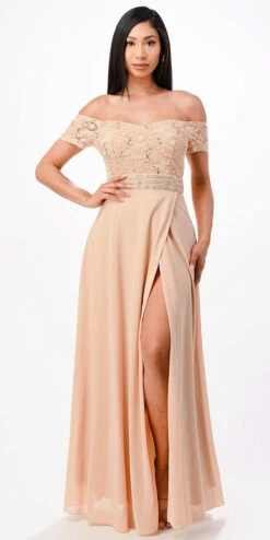 La Scala 25555 Off-Shoulder Long A-Line Dress With Slit(La Scala 25555 Off Shoulder Long Formal Dress With Slit) -Dress Promotion Store 25555 la scala gold