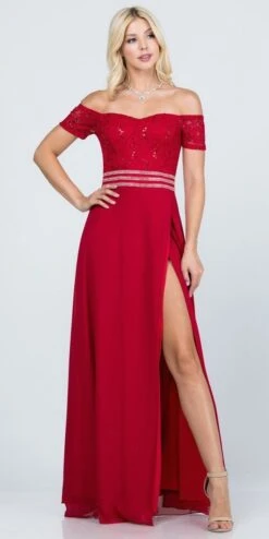 La Scala 25555 Off-Shoulder Long A-Line Dress With Slit(La Scala 25555 Off Shoulder Long Formal Dress With Slit) -Dress Promotion Store 25555 la scala red