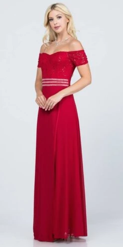 La Scala 25555 Off-Shoulder Long A-Line Dress With Slit(La Scala 25555 Off Shoulder Long Formal Dress With Slit) -Dress Promotion Store 25555 la scala red side