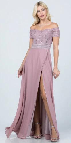 La Scala 25555 Off-Shoulder Long A-Line Dress With Slit(La Scala 25555 Off Shoulder Long Formal Dress With Slit) -Dress Promotion Store 25555 la scala wood rose
