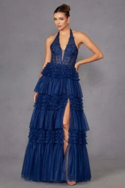 Juliet JT2556S Halter V-Neckline Layered Tulle Slit A-Line Gown(Juliet Jt2556s Halter V Neckline Layered Tulle Slit A Line Gown) -Dress Promotion Store 2556SNAVYBLUE 1
