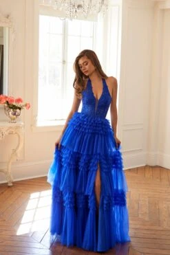 Juliet JT2556S Halter V-Neckline Layered Tulle Slit A-Line Gown(Juliet Jt2556s Halter V Neckline Layered Tulle Slit A Line Gown) -Dress Promotion Store 2556SROYAL1131