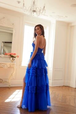 Juliet JT2556S Halter V-Neckline Layered Tulle Slit A-Line Gown(Juliet Jt2556s Halter V Neckline Layered Tulle Slit A Line Gown) -Dress Promotion Store 2556SROYAL1153