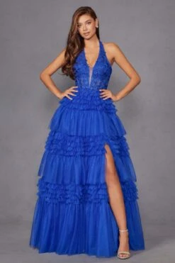 Juliet JT2556S Halter V-Neckline Layered Tulle Slit A-Line Gown(Juliet Jt2556s Halter V Neckline Layered Tulle Slit A Line Gown) -Dress Promotion Store 2556SROYALBLUE 1