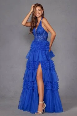 Juliet JT2556S Halter V-Neckline Layered Tulle Slit A-Line Gown(Juliet Jt2556s Halter V Neckline Layered Tulle Slit A Line Gown) -Dress Promotion Store 2556SROYALBLUE 5