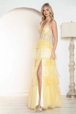 Juliet JT2556S Halter V-Neckline Layered Tulle Slit A-Line Gown(Juliet Jt2556s Halter V Neckline Layered Tulle Slit A Line Gown) -Dress Promotion Store 2556SYELLOW 2