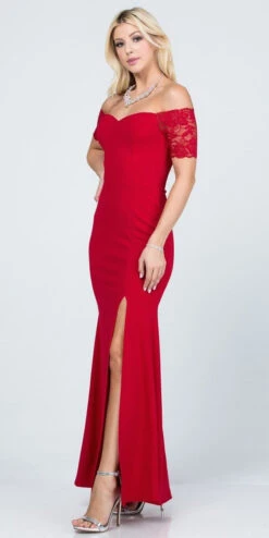 La Scala 25612 Long Mermaid Dress Off Shoulder Lace Sleeve(La Scala 25612 Long Mermaid Burgundy Dress Off Shoulder Lace Sleeve) 24 La Scala 25612 Long Mermaid Dress Off Shoulder Lace Sleeve(La Scala 25612 Long Mermaid Burgundy Dress Off Shoulder Lace Sleeve) -Dress Promotion Store 25612 la scala red side
