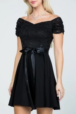 La Scala 25737 Off The Shoulder Ruched Sleeve Lace Fit And Flare Dress(La Scala 25737 Off The Shoulder Ruched Sleeve Lace Fit And Flare Dress Sash Satin Waist) -Dress Promotion Store 25737 la scala black zoom 05de1284 a593 4424 8e10 c26fe463690c