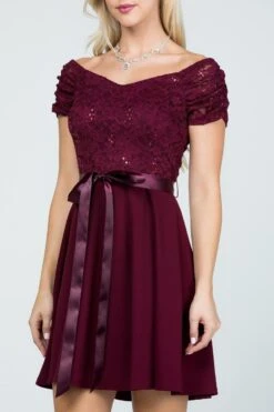 La Scala 25737 Off The Shoulder Ruched Sleeve Lace Fit And Flare Dress(La Scala 25737 Off The Shoulder Ruched Sleeve Lace Fit And Flare Dress Sash Satin Waist) -Dress Promotion Store 25737 la scala burgundy zoom d146bc3a 528b 4dd7 b64e 1e438a608d7f
