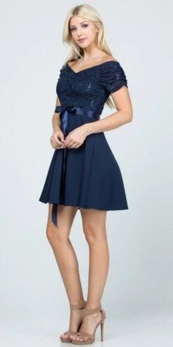 La Scala 25737 Off The Shoulder Ruched Sleeve Lace Fit And Flare Dress(La Scala 25737 Off The Shoulder Ruched Sleeve Lace Fit And Flare Dress Sash Satin Waist) -Dress Promotion Store 25737 la scala navy blue 6de7b38a faad 4d21 b1bc f7743374b3ed