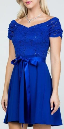 La Scala 25737 Off The Shoulder Ruched Sleeve Lace Fit And Flare Dress(La Scala 25737 Off The Shoulder Ruched Sleeve Lace Fit And Flare Dress Sash Satin Waist) -Dress Promotion Store 25737 la scala royal blue 9f2656ae 9b93 427d 935a 8ba1b1596193