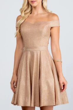 CLEARANCE - La Scala 25759 Short Off The Shoulder Skater Dress Glitter Jacquard (Size S)(Clearance La Scala 25759 Short Off The Shoulder Skater Dress Glitter Jacquard Size L) -Dress Promotion Store 25759 la scala champagne zoom