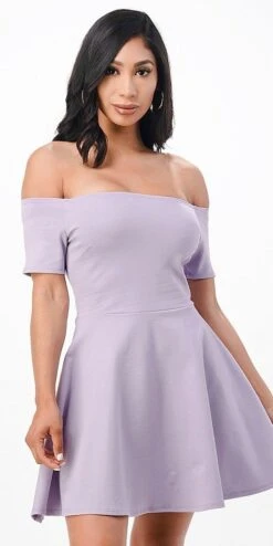 La Scala 25795 Off The Shoulder Short Sleeve Skater Dress(La Scala 25795 Off The Shoulder Short Sleeve Skater Dress Dark Mauve) -Dress Promotion Store 25795 la scala lilac 1