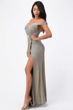 CLEARANCE - La Scala 25854 Off The Shoulder Glittery Jacquard Gathered Gown (Size L)(Clearance La Scala 25854 Off The Shoulder Glittery Jacquard Gathered Gown Size L) -Dress Promotion Store 25854 la scala taupe side 8f7ce914 d572 4471 8c21 5ac089501c9c