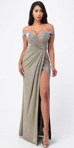 CLEARANCE - La Scala 25854 Off The Shoulder Glittery Jacquard Gathered Gown (Size L)(Clearance La Scala 25854 Off The Shoulder Glittery Jacquard Gathered Gown Size L) -Dress Promotion Store 25854 la scala taupe 532519ea d65c 4e7c 808b 1dadc5f26217