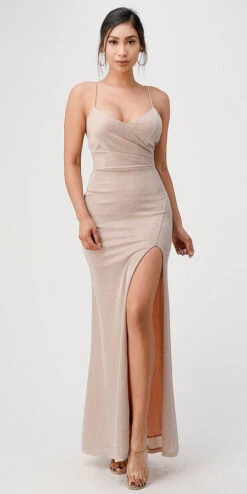 La Scala 25863 Long Fitted Party Dress Spaghetti Strap Side Leg Slit(Long Fitted Party Dress Spaghetti Strap Side Leg Slit By La Scala 25863) -Dress Promotion Store 25863 la scala blush