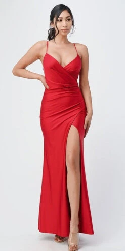 La Scala 25872 Long Dress Pleated Spaghetti Strap Side Leg Slit(La Scala 25872 Long Party Dress Pleated Spaghetti Strap Side Leg Slit) -Dress Promotion Store 25872 la scala red asian