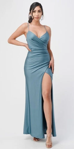 La Scala 25872 Long Dress Pleated Spaghetti Strap Side Leg Slit(La Scala 25872 Long Party Dress Pleated Spaghetti Strap Side Leg Slit) -Dress Promotion Store 25872 la scala rust aqua blue asian