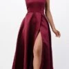 La Scala 25895 Open Side Back Spaghetti Tie Stretch Satin Gown(Open Side Back Spaghetti Tie Stretch Satin Gown By La Scala 25895) -Dress Promotion Store 25895 la scala burgundy