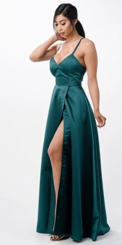 La Scala 25895 Open Side Back Spaghetti Tie Stretch Satin Gown(Open Side Back Spaghetti Tie Stretch Satin Gown By La Scala 25895) -Dress Promotion Store 25895 la scala hunter green side