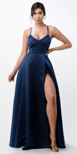La Scala 25895 Open Side Back Spaghetti Tie Stretch Satin Gown(Open Side Back Spaghetti Tie Stretch Satin Gown By La Scala 25895) -Dress Promotion Store 25895 la scala navy blue