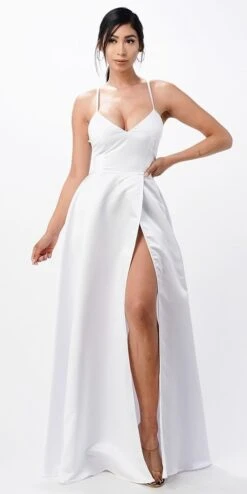 La Scala 25895 Open Side Back Spaghetti Tie Stretch Satin Gown(Open Side Back Spaghetti Tie Stretch Satin Gown By La Scala 25895) -Dress Promotion Store 25895 la scala off white