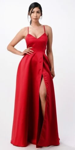 La Scala 25895 Open Side Back Spaghetti Tie Stretch Satin Gown(Open Side Back Spaghetti Tie Stretch Satin Gown By La Scala 25895) -Dress Promotion Store 25895 la scala red