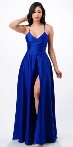 La Scala 25895 Open Side Back Spaghetti Tie Stretch Satin Gown(Open Side Back Spaghetti Tie Stretch Satin Gown By La Scala 25895) -Dress Promotion Store 25895 royal