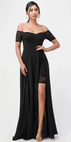 La Scala 25900 Off The Shoulder Sequins Lace High Low Dress(Off The Shoulder Sequins Lace High Low Dress La Scala 25900) -Dress Promotion Store 25900 black