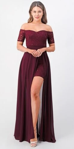 La Scala 25900 Off The Shoulder Sequins Lace High Low Dress(Off The Shoulder Sequins Lace High Low Dress La Scala 25900) -Dress Promotion Store 25900 burgundy