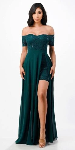 La Scala 25900 Off The Shoulder Sequins Lace High Low Dress(Off The Shoulder Sequins Lace High Low Dress La Scala 25900) -Dress Promotion Store 25900 hunter